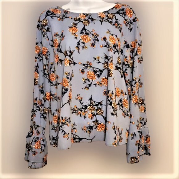 Mello Day Top Blue Floral Ruffle Long Sleeve Blouse Bell Cuffs Size M - Picture 1 of 7